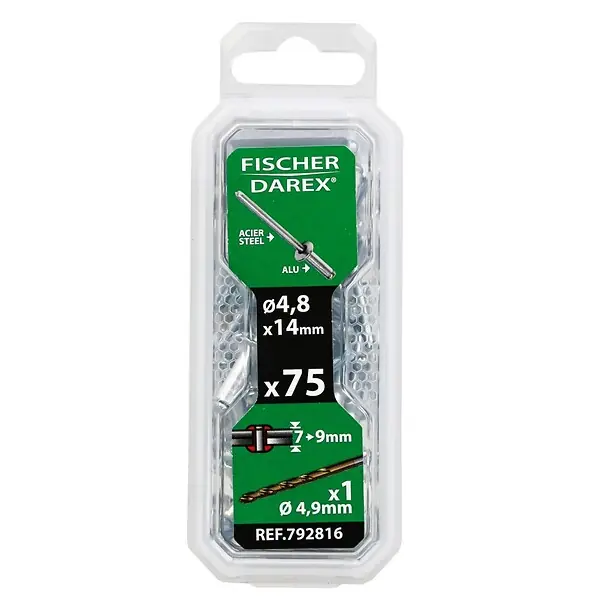 Authentique Rivets aveugles aluminium acier 4.8x14mm - Lot de 75 pièces FISCHER DAREX