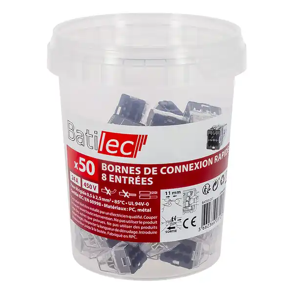BATILEC Pot de 50 bornes 8 entrées pour connexion automatique, idéal pour installations électriques simples et rapides WAGO Satisfait Ou Remboursé