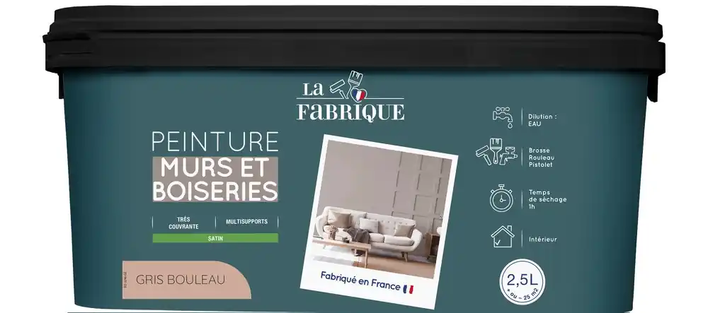 Peinture mur et boiserie Gris Bouleau satin 2,5 l - LA FABRIQUE Nouvelle Collection
