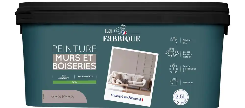 Solde Peinture mur et boiserie Gris Paris satin 2,5 l - LA FABRIQUE