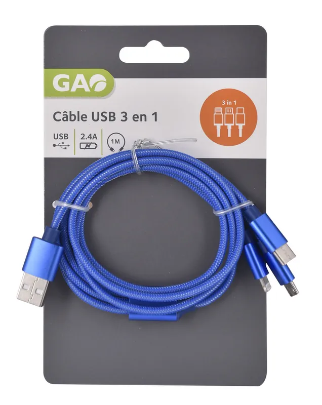 Remise Câble chargeur USB nylon 3 en 1 universel 1 m GAO