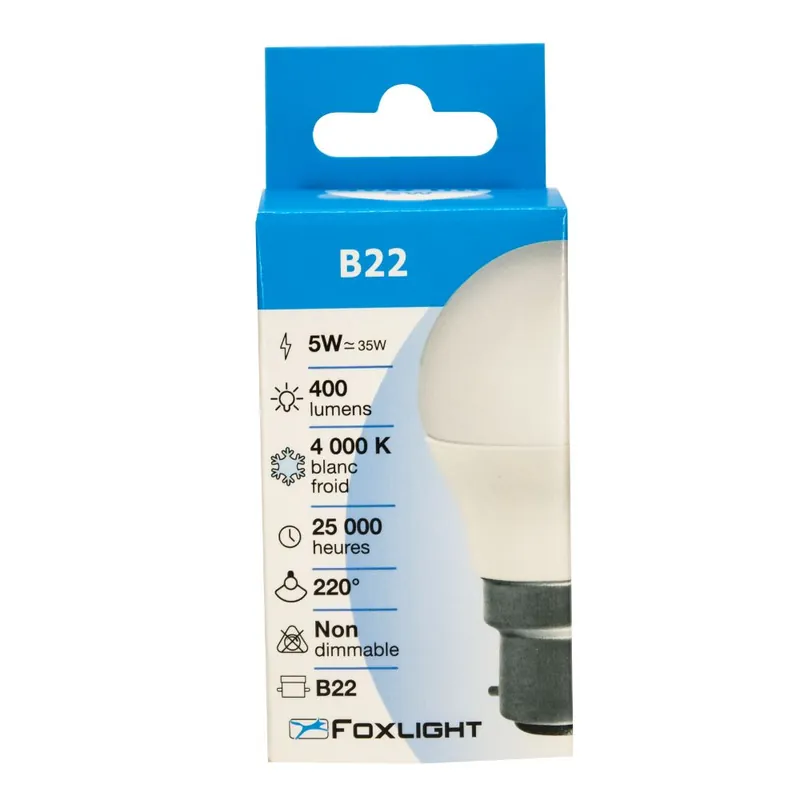 Ampoule LED sphérique B22 5W = 400 lumens blanc neutre FOXLIGHT Achat Immédiat