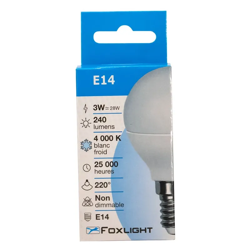 Pas Cher Ampoule LED sphérique E14 3 W= 240 lumens blanc neutre FOX LIGHT