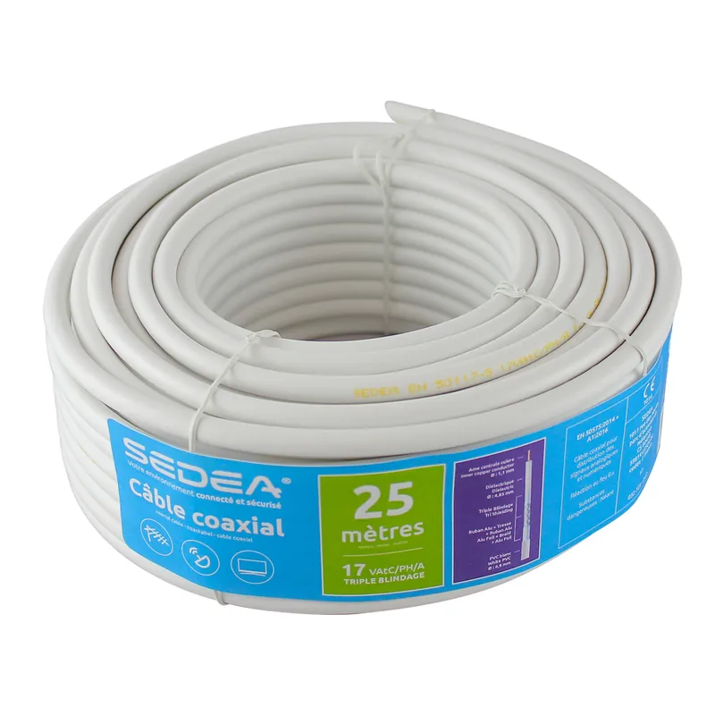 Câble antenne TV et satellite coaxial 17VATC classe A faible perte 25 m blanc - SEDEA Commande En Gros
