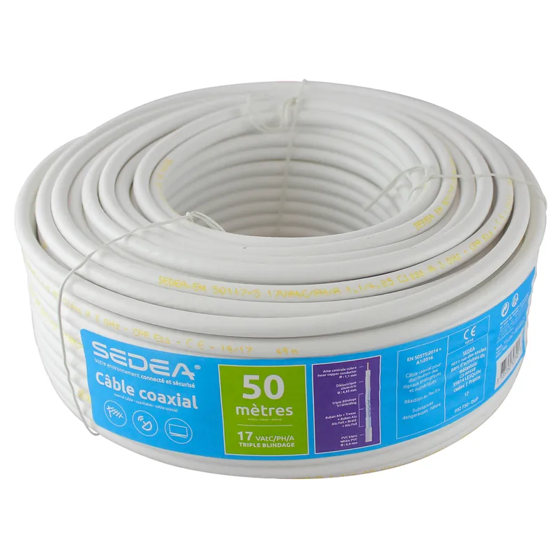 Câble antenne TV et satellite coaxial 17VATC classe A faible perte 50 m blanc - SEDEA Vente Flash