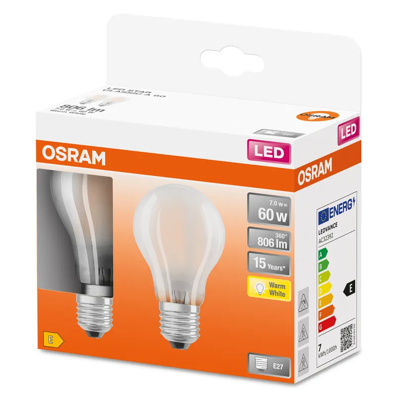 Pas Cher Lot de 2 ampoules LED standard dépoli E27 7W = 806 lumens blanc chaud Retrofit Classic - OSRAM