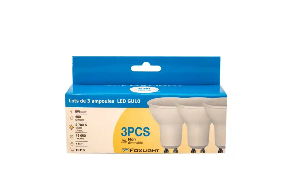 Soldes Lot de 3 ampoules LED spot GU10 5W = 400 lumens blanc chaud - FOXLIGHT