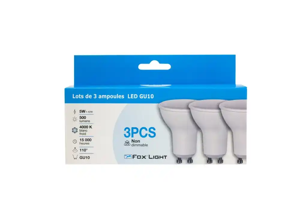 Lot de 3 ampoules LED spot GU10 5W = 400 lumens blanc neutre - FOXLIGHT Pas Cher