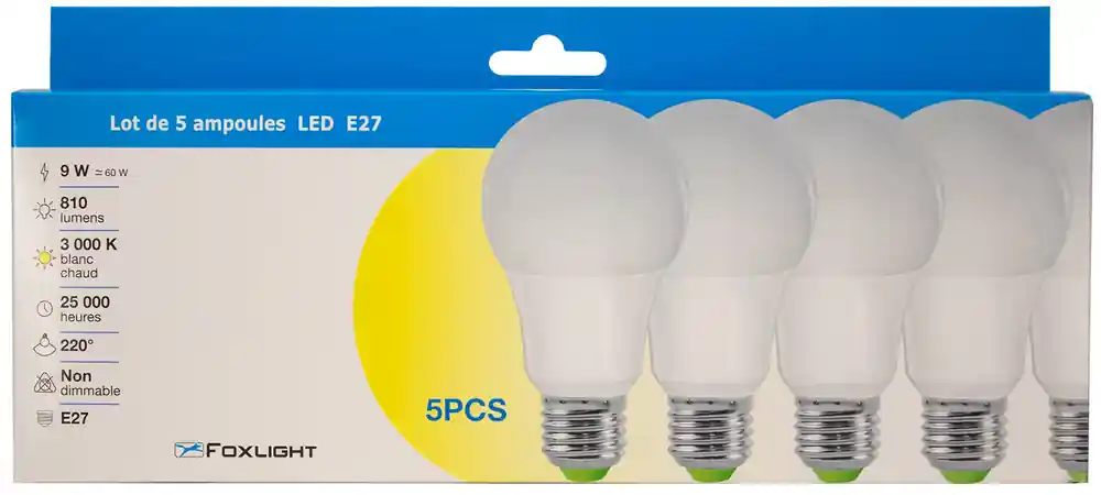 Acheter Direct Lot de 5 ampoules LED standard E27 9W = 810 lumens blanc chaud - FOXLIGHT