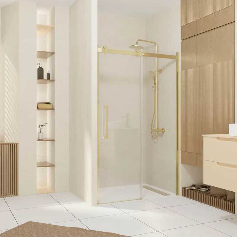 Porte de douche coulissante 120x200 cm profilé or verre transparent 6 mm Rolling - AURLANE Authentique