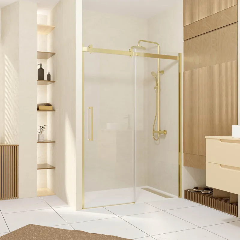 Satisfait Ou Remboursé Porte de douche coulissante 140x200 cm profilé or verre transparent 6 mm Rolling - AURLANE