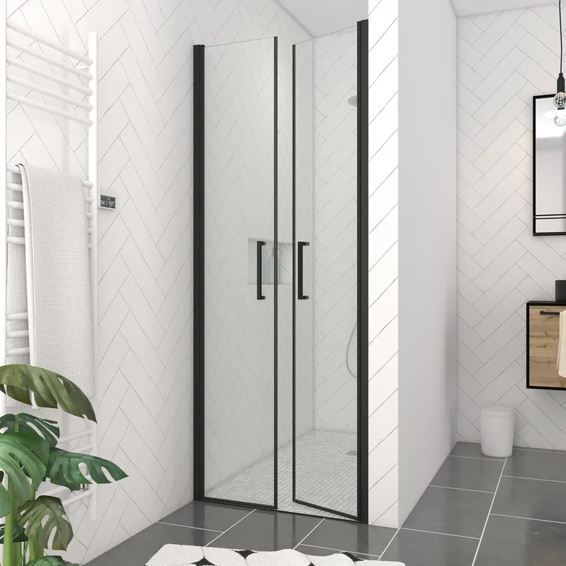 Porte de douche battante 90x200 cm profilé noir verre transparent 6 mm Saloon - AURLANE Retour Gratuit