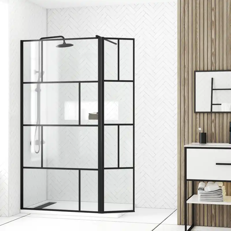 Paroi de douche à l‘italienne 80+40x195 cm profilé noir verre transparent 5 mm Bricks - AURLANE Meilleur Prix