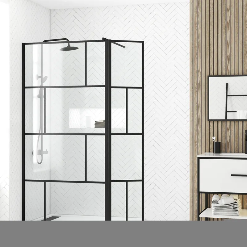Paroi de douche à l‘italienne avec déflecteur 100+40x195 cm profilé noir verre transparent 5 mm Bricks - AURLANE Prix Choc