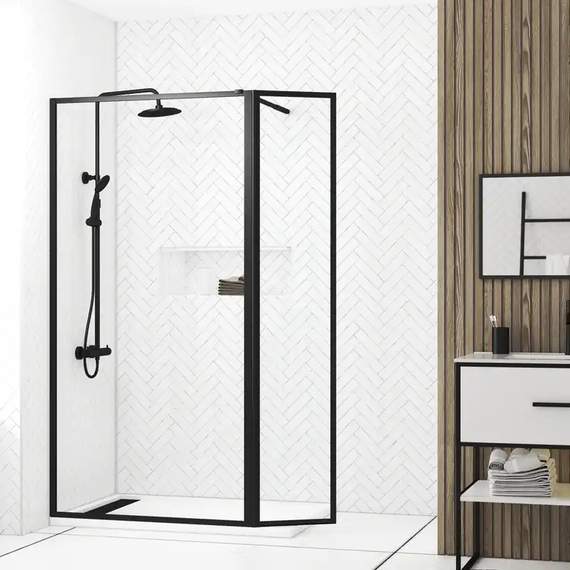 Nouvel Arrivage Paroi de douche à l‘italienne avec déflecteur 100+40x200 cm profilé noir verre transparent 5 mm Dark Edge - AURLANE