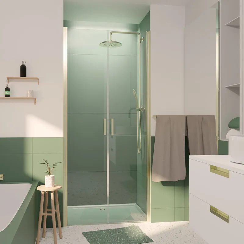 Porte de douche battante 90x200 cm profilé or verre transparent 6 mm Saloon - AURLANE Pas Cher