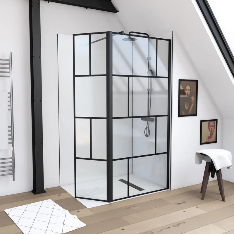 Paroi de douche à l‘italienne avec déflecteur 90+40x195 cm profilé noir verre transparent 5 mm Bricks - AURLANE Soldes