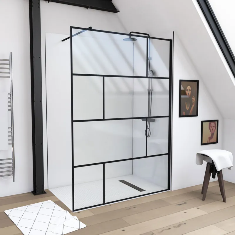 Paroi de douche à l‘italienne 140x195 cm profilé noir verre transparent 5 mm Bricks - AURLANE Offre Exclusive