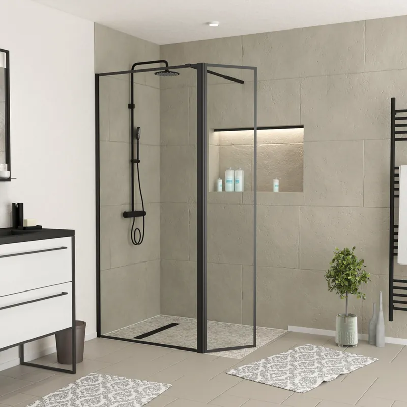Acheter Direct Paroi de douche à l‘italienne avec déflecteur 90+40x200 cm profilé noir verre transparent 5 mm Dark Edge - AURLANE