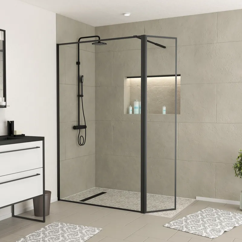 Remise Paroi de douche à l‘italienne avec déflecteur 120+40x200 cm profilé noir verre transparent 5 mm Dark Edge - AURLANE