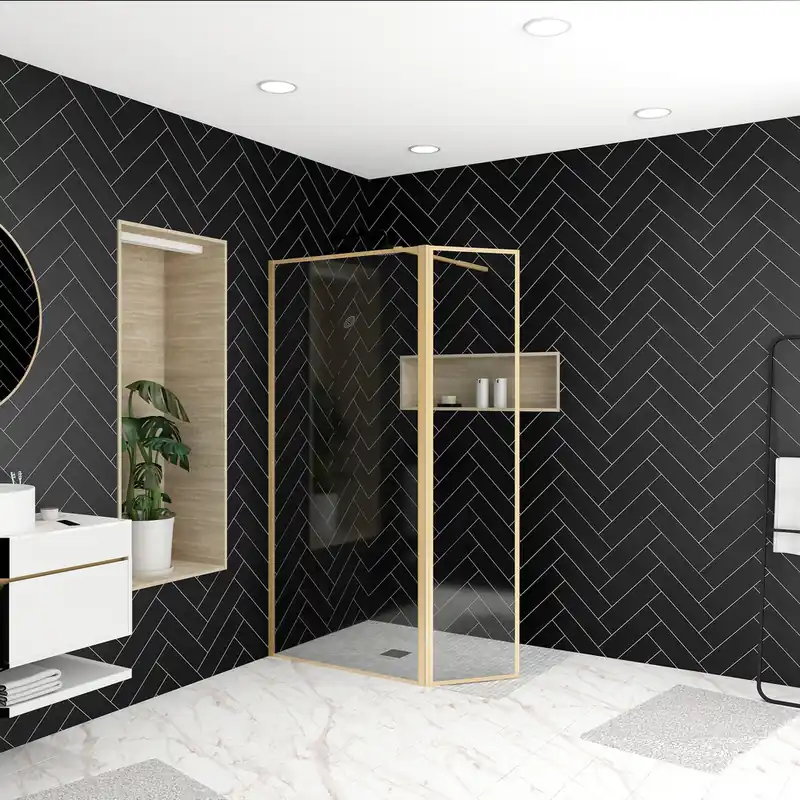 Paroi de douche à l‘italienne avec déflecteur 90+40x200 cm profilé or verre transparent 5 mm Golden Edge - AURLANE Offre Exclusive