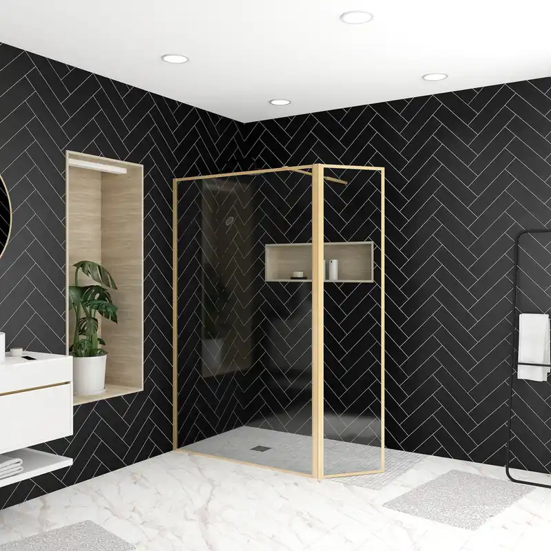 Soldes Paroi de douche à l‘italienne avec déflecteur 120+40x200 cm profilé or verre transparent 5 mm Golden Edge - AURLANE
