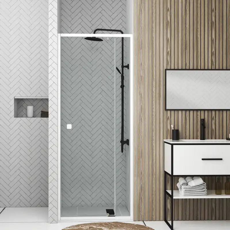 Porte de douche pivotante 80x185 cm profilé blanc verre transparent 5 mm Spot - AURLANE Commander Vite