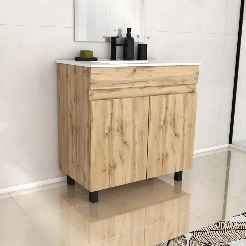 Expédition Rapide Meuble de salle de bains Timber 2 portes L80 x H83 x P46 cm MDF chêne naturel + vasque céramique blanche- AURLANE