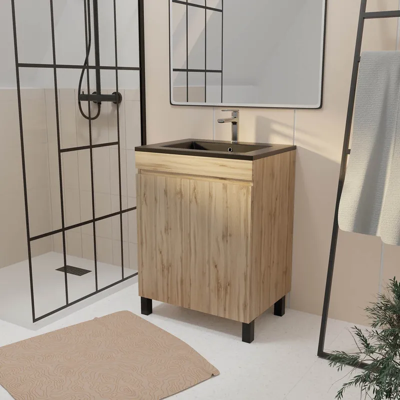 Affaire À Saisir Meuble de salle de bains Timber 2 portes L60 x H83 x P46 cm MDF chêne naturel + vasque céramique noire - AURLANE