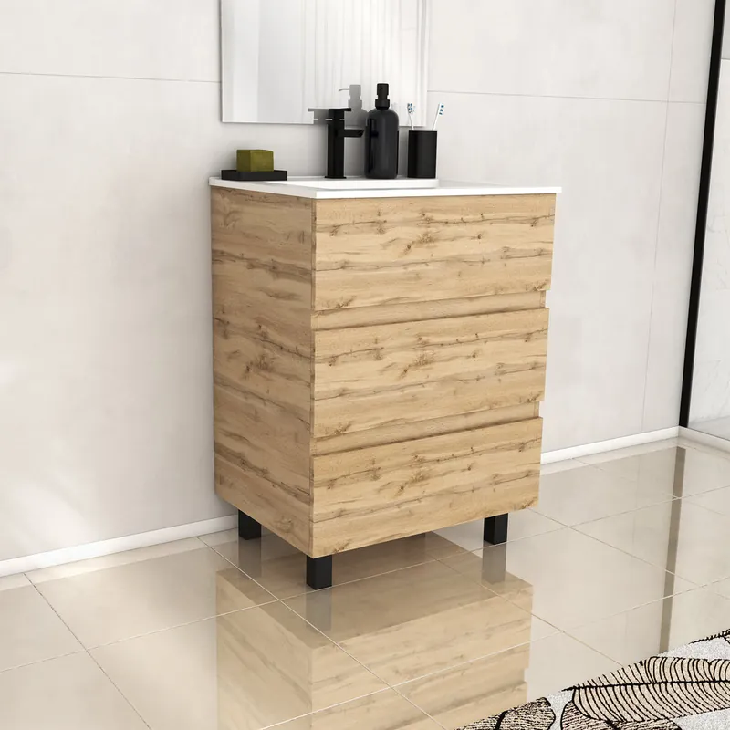 Meuble de salle de bains Timber 3 tiroirs L60 x H83 x P46 cm MDF chêne naturel + vasque céramique blanche - AURLANE Offre Exclusive