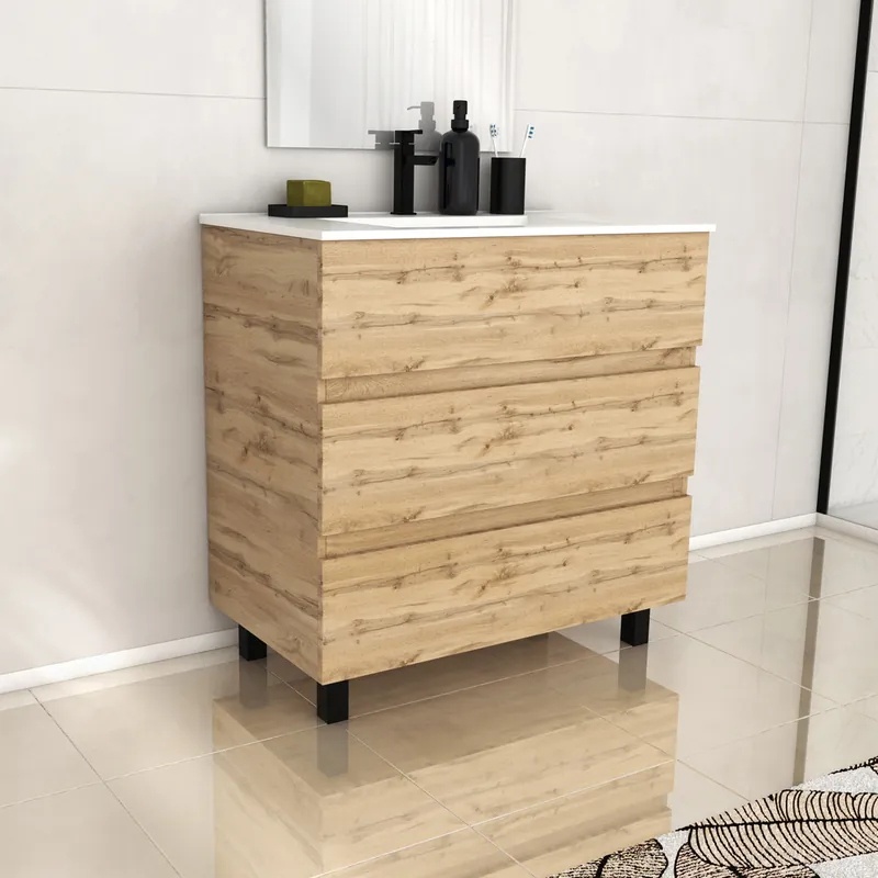 Vente Directe Meuble de salle de bains Timber 3 tiroirs L80 x H83 x P46 cm MDF chêne naturel + vasque céramique blanche - AURLANE