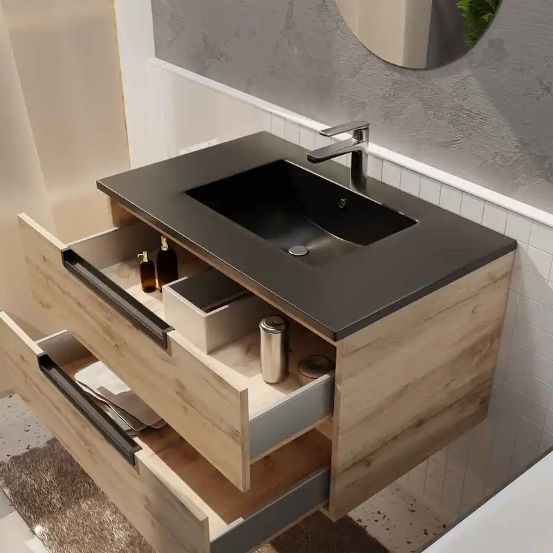 Meuble de salle de bains Loft 2 tiroirs L60 x H50 x P45 cm MDF chêne naturel + vasque céramique noire - AURLANE Promotion Saisonnière