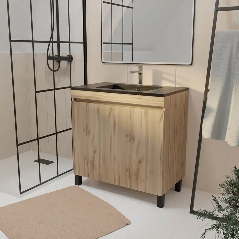 Meilleur Prix Meuble de salle de bains Timber 2 portes L80 x H83 x P46 cm MDF chêne naturel + vasque céramique noire - AURLANE