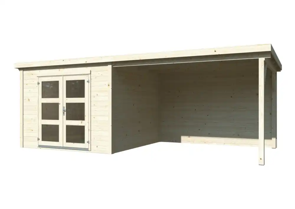 Satisfait Ou Remboursé Abri de jardin en bois avec pergola 8,7 m² Lya 1 - ép.28 mm - 19,6 m² hors-tout - Livraison à domicile incluse - WHITE WOOD