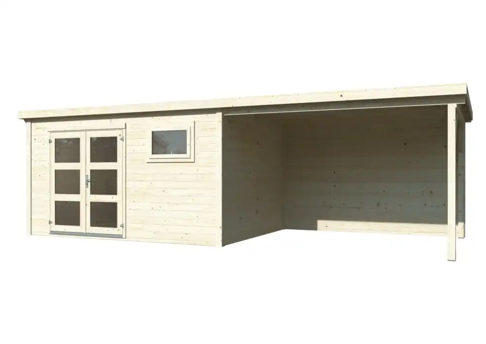 Achat Immédiat Abri de jardin avec pergola en bois Lya 2 - ép.28 mm - 23 m² hors-tout - Livraison à domicile incluse - WHITE WOOD
