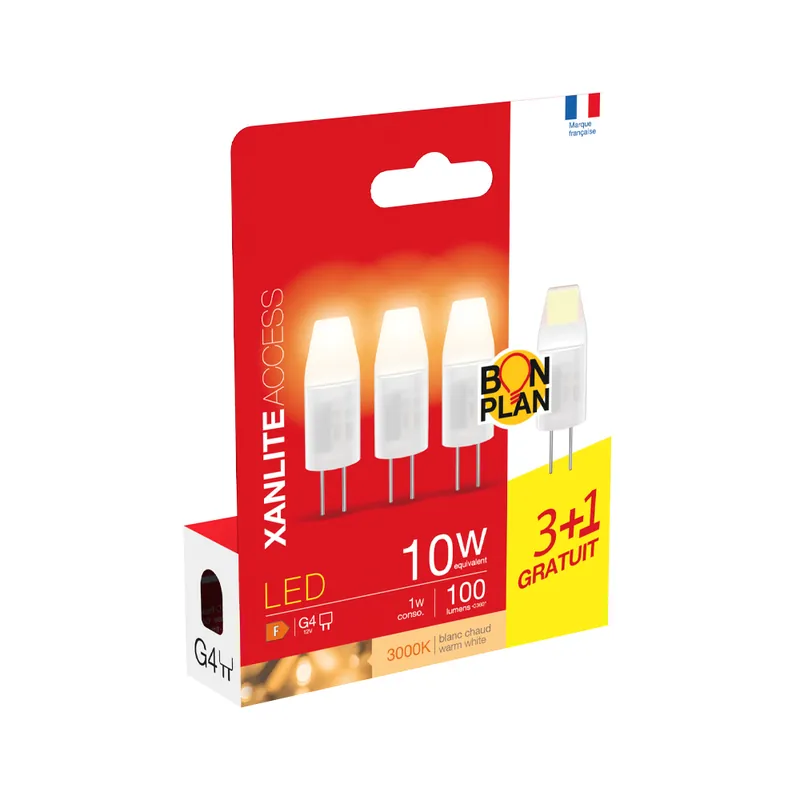 Lot de 3 + 1 ampoules LED gratuite G4 1W = 100 lumens blanc chaud - XANLITE Acheter En Ligne