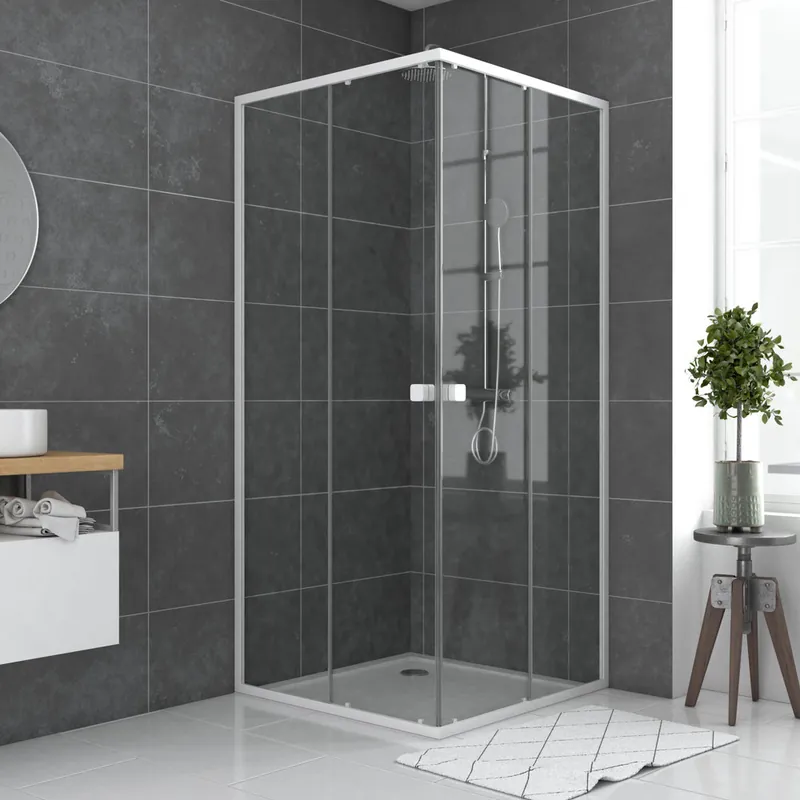 Paiement Sécurisé Accès d‘angle coulissant 90x90x185 cm profilé blanc verre transparent 5 mm Spot - AURLANE