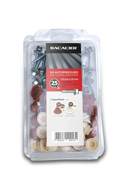 Offre Du Jour Kit 25 vis autoperceuses avec capuchons Rouge/Beige 4.9x35mm pour SYMEO - BACACIER
