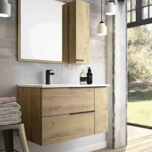Meilleur Choix Meuble de salle de bains Reign + vasque excentrée 2 tiroirs 1 porte 120 x 48 x 46 cm bois mélaminé chêne foncé - EGORE