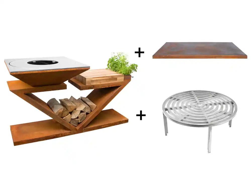 Brasero de cuisson G5 corten avec plaque plancha, grille et couvercle de protection ARTISS Prix Réduit