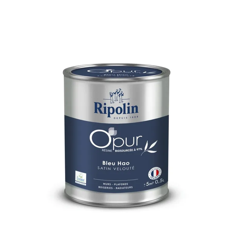 Nouvel Arrivage Peinture O‘pur murs boiseries radiateurs Bleu Hao satin 0,5L RIPOLIN