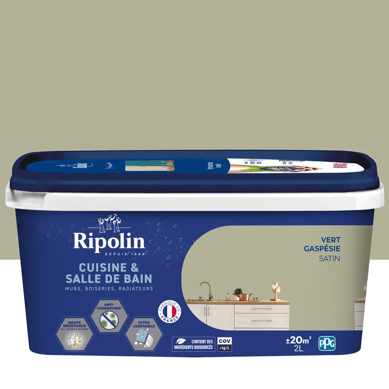 Livraison Express Peinture Cuisine & Bain Vert Gaspésie satin 2L RIPOLIN