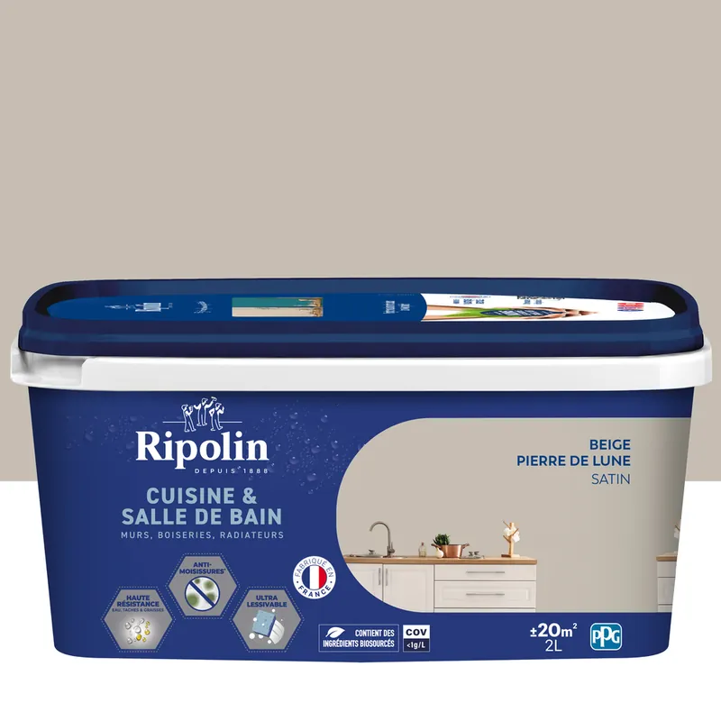 Offre Limitée Peinture Cuisine & Bain Beige Pierre de lune satin 2L RIPOLIN