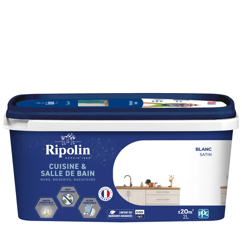 Acheter Direct Peinture Cuisine & Bain Blanc satin 2L RIPOLIN