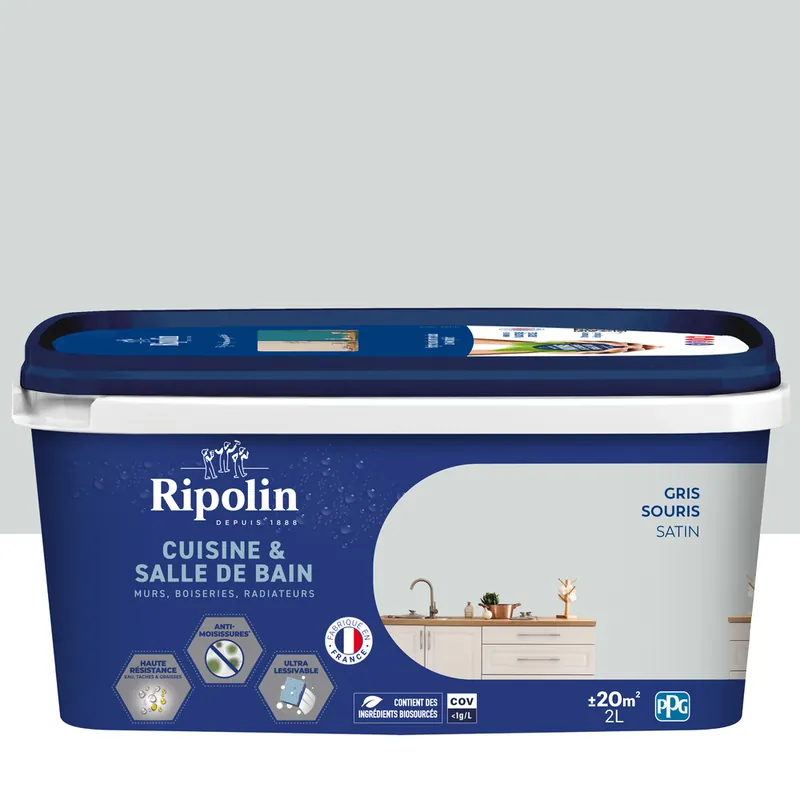 Expédié Aujourd'hui Peinture Cuisine & Bain Gris Souris satin 2L RIPOLIN