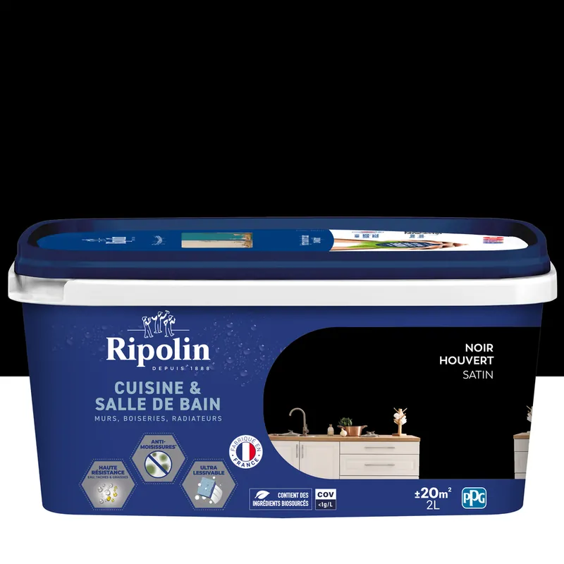 Nouveauté Peinture Cuisine & Bain Noir Houvert satin 2L RIPOLIN