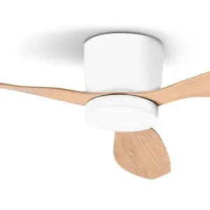 Prix Bas Ventilateur de plafond silencieux avec lumière LED + télécommande Blanc/bois Ø107cm - Eole ARLUX