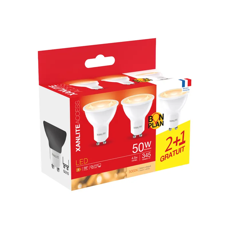 Ampoules LED SMD GU10 4,5W = 345 lumens blanc chaud par 3 - XANLITE Meilleur Choix