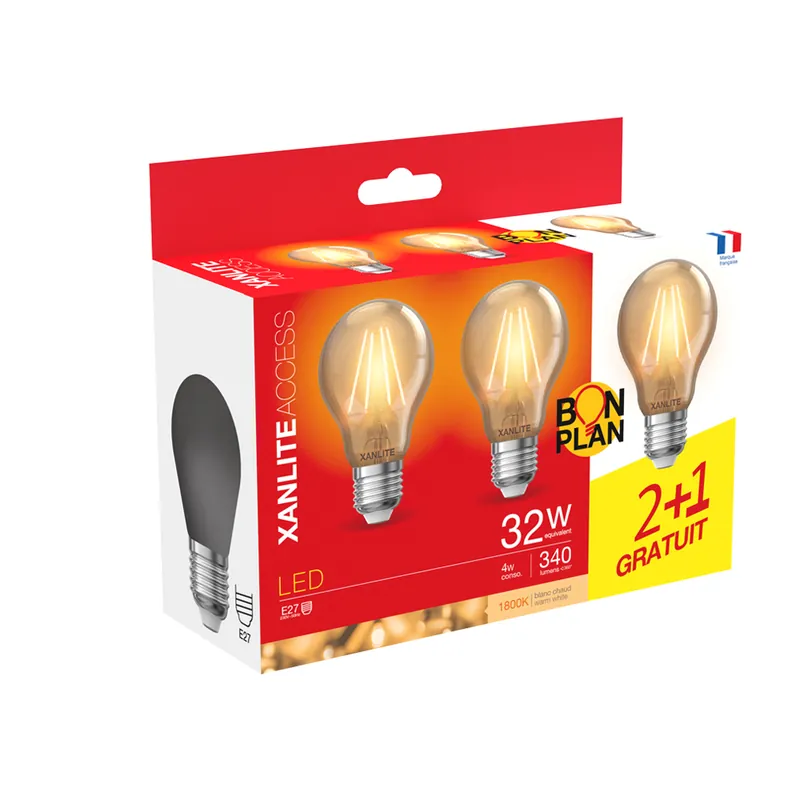 Jusqu'à Épuisement Des Stocks Ampoules filament LED E27 4W = 340 lumens blanc chaud par 3 - XANLITE