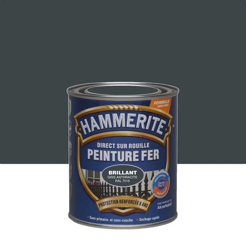 Peinture fer extérieur direct sur rouille Finition gris anthracite RAL 7016 Brillant 750ML - HAMMERITE Solde